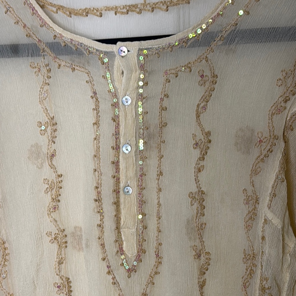Glam Souls Vintage 100% Silk Cream Relaxed Embellished Tunic - Picture 5 of 12